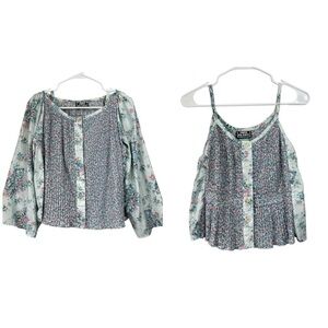 Vintage 80s Size Large Cami Button Long Sleeve Top Set Ditzy Floral Cottage